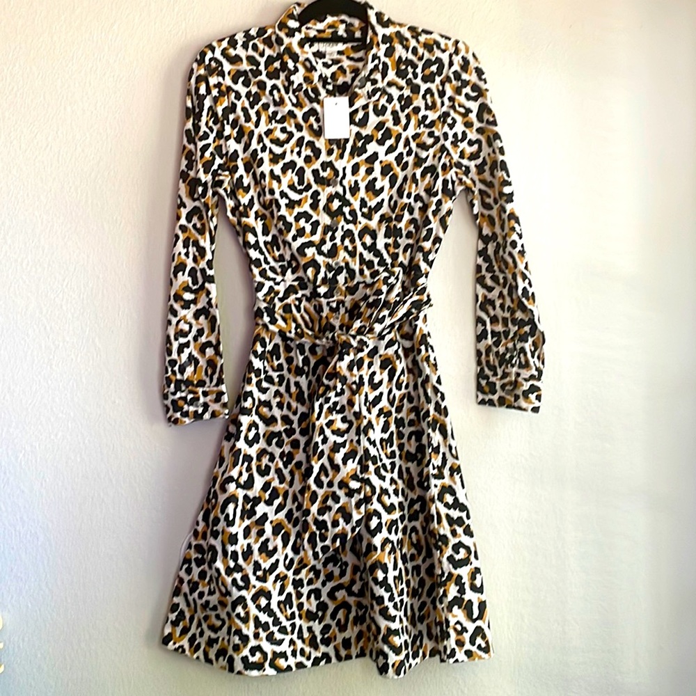 Long Sleeve Cotton Cheetah Button Up Dress